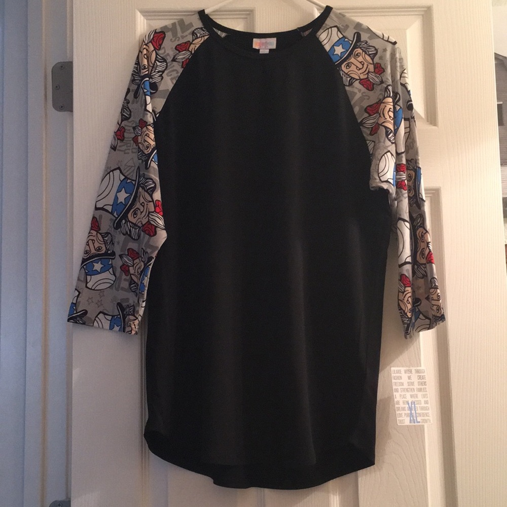 LuLaRoe Patriotic Baseball Shirt…Black with Uncle Sam Print XL
